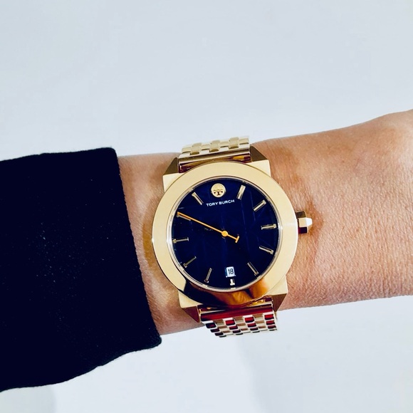 NIB TBW8003 .. TORY BURCH WHITNEY GOLD STAINLESS STEEL BLUE DIAL LADIES WATCH - Picture 4 of 4